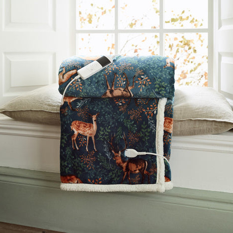dyngs-FoxandDeerTeal-heated-throw Fox and Deer Teal Printed Fleece Electric Heated Throw