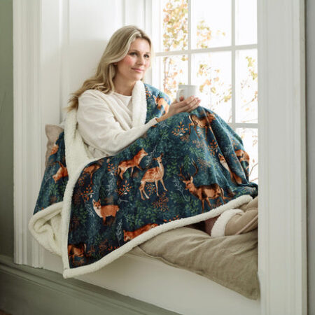 Fox and Deer Teal Printed Fleece Electric Heated Throw