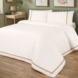 H Monks Velvet Duvet Cover Set – White and Latte