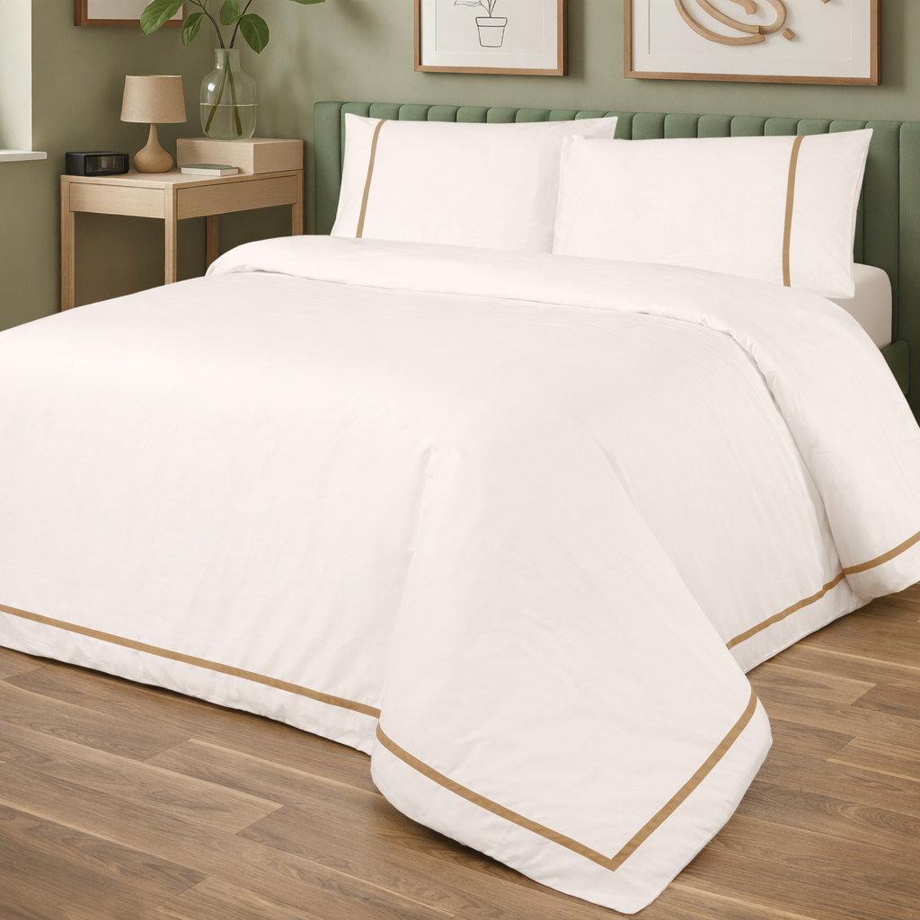 H Monks Velvet Duvet Cover Set – White and Latte