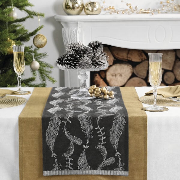 walton-feather-runner-silver-charcoal Embroidered Feathers Table Runner
